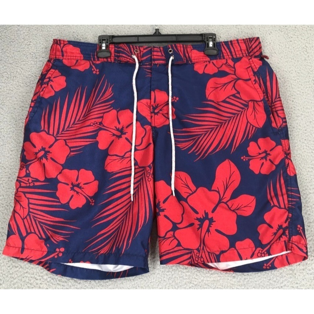 St Johns Bay Swim Trunks Men Size XL Surfing Drawstring Waist Red Blue Floral